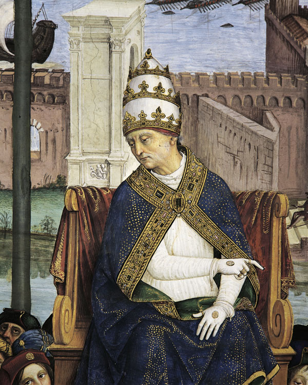 Pinturicchio, ritratto di papa Pio II Piccolomini, particolare da Pio II giunge ad Ancona per dare inizio alla crociata (1502-1507), affresco. Siena, cattedrale, libreria Piccolomini (DeAgostini)